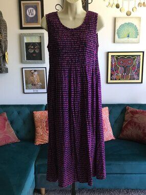 CROFT & BARROW size PM Purple Orange Black Mosaic Print Sleeveless Smocked Dress